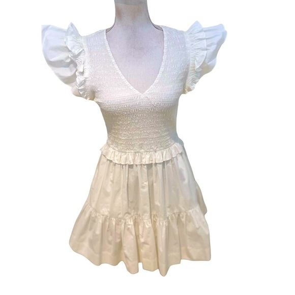 Sea NY white flutter sleeve cotton mini dress tiered skirt smocked bodice sz 4 - Picture 4 of 12